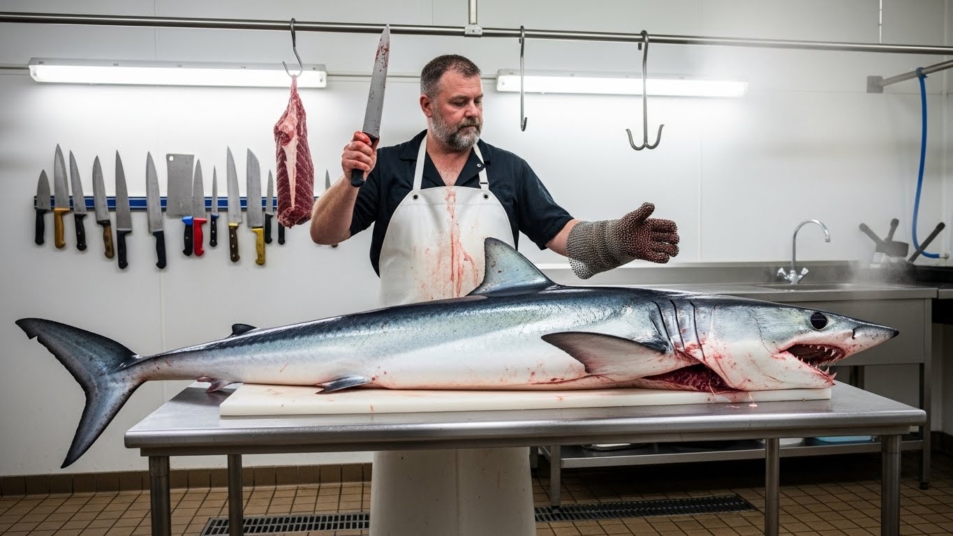 Butcher cutting shark